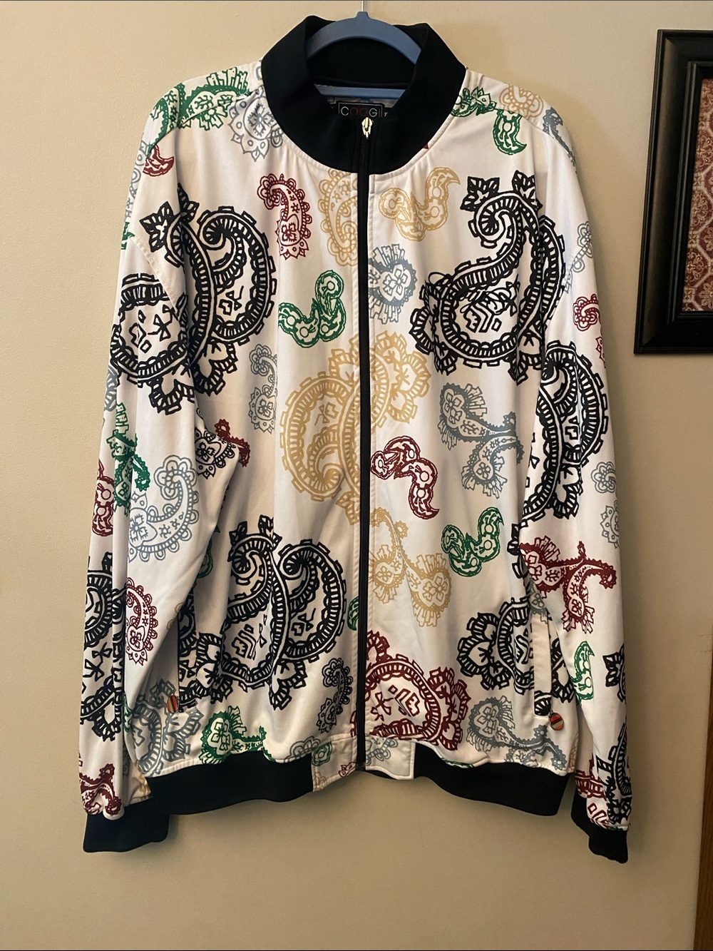 COOGI men’s Paisley Print Bomber track Jacket - White with Multicolor Accents